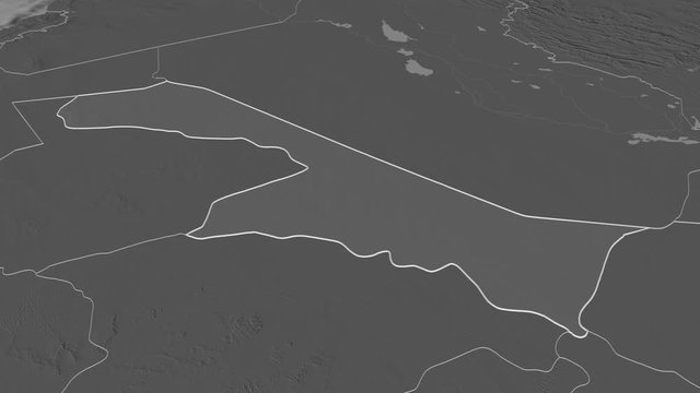 Al Hudud ash Shamaliyah, region with its capital, zoomed and extruded on the bilevel map of Saudi Arabia in the conformal Stereographic projection. Animation 3D