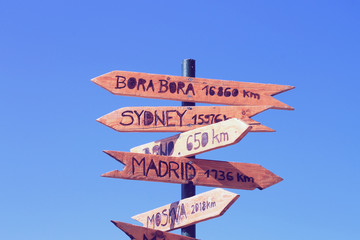 Funny direction signpost with distance to many different cities in the world