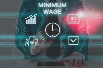 Text sign showing Minimum Wage. Business photo text the lowest wage permitted by law or by a...