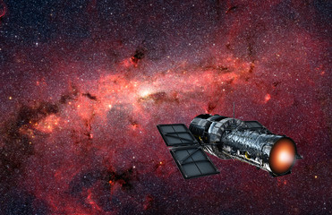 Spaceship flying to galaxy in universe. Nice galaxy like nebula in outer space. Spacecraft on...