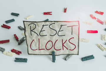 Word writing text Reset Clocks. Business photo showcasing To revisit return to or recreate a time...