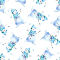 Seamless watercolor pattern with cheerful snowman