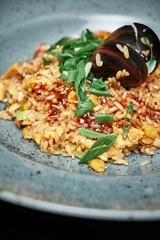 Risotto with mussels and corn
