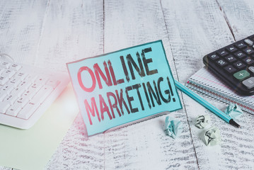 Text sign showing Online Marketing. Business photo showcasing leveraging web based channels spread...