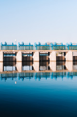 Fototapeta na wymiar Dam of Gola of Pujol in Albufera lake. Symmetrical image