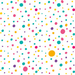 Heldere multi gekleurde polka dot patroon vector naadloze achtergrond. Verschillende gekartelde cirkels willekeurig gerangschikt geïsoleerd op wit.