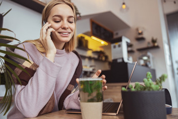 Young cheerful lady outdoors and indoors