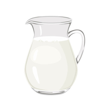 Glass jug of milk Isolated on white background. Vector illustration of  dairy product in cartoon flat style.