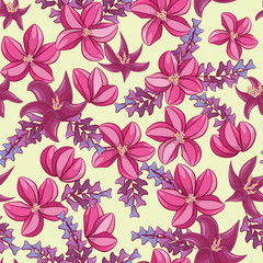 Bright summer flowers. Seamless texture. Lavender and red flowers. Summer background.