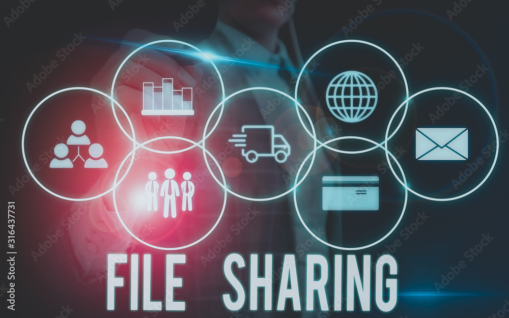 Poster writing note showing file sharing. business concept for transmit files from one computer to another 