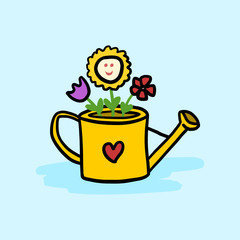 Beautiful watering can with valentine heart and flowers inside. Isolated hand drawn cartoon drawing. Clipart symbol of love.