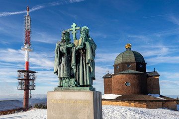 Radhost mountain peak, Chapel of St. Cyril and Methodius, their statue and transmitter, Beskydy, Czech Republic