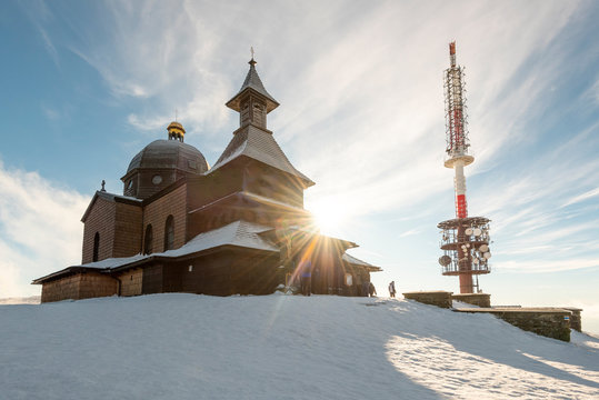 Radhost mountain peak, Chapel of St. Cyril and Methodius, their statue and transmitter, Beskydy, Czech Republic