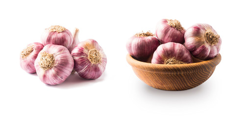 Garlic isolated on white background. Garlic Isolated on white background Clipping Path. Garlic press and garlic on white background. Top view.