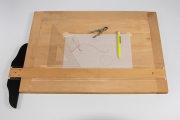 Drafting Board and 1900s various Tools -  French Curve Drawing on Vellium with white background