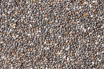 Chia seeds close-up on the plate. It can be used for studies on health and diet.