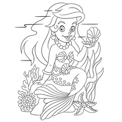 Fototapeta na wymiar coloring page with cute lovely mermaid