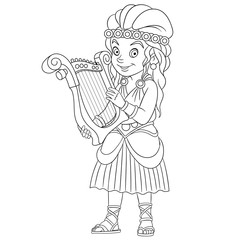 Fototapeta na wymiar coloring page with girl playing harp