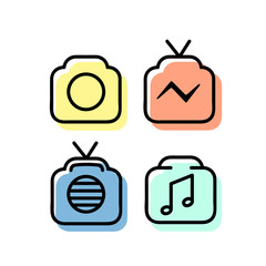 Set linear flat icon multimedia on colorful vector