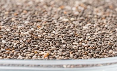 Chia seeds close-up on the plate. It can be used for studies on health and diet.