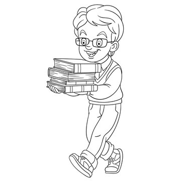 coloring page with boy and books