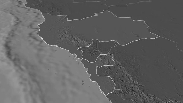 Makkah, region with its capital, zoomed and extruded on the bilevel map of Saudi Arabia in the conformal Stereographic projection. Animation 3D