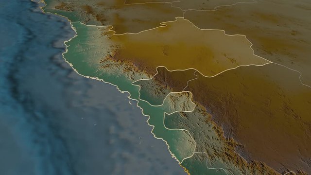 Makkah, region with its capital, zoomed and extruded on the relief map of Saudi Arabia in the conformal Stereographic projection. Animation 3D