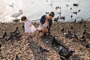 Young mother with her baby girl daughters feeding swan and little ducklings birds bread at a river wearing dotted dress - Family values warm color summer scene