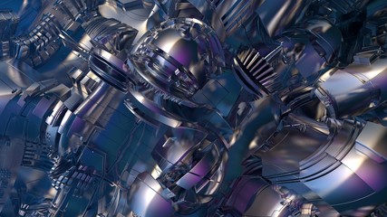 Reflective metallic surface of an alien spaceship. Shiny technical shapes