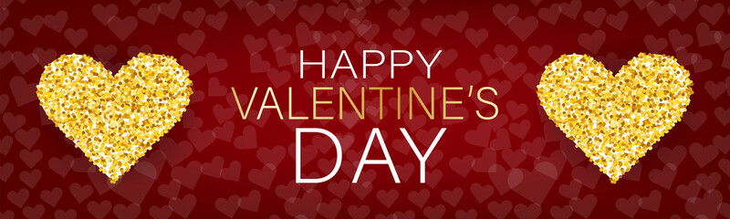 Valentines Day banner background. Love design concept with golden glitter hearts. Romantic website header or sale offer promo. Vector illustration.