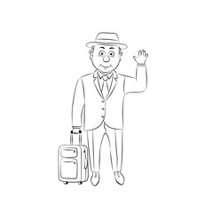 Vector illustration old man standing with suitcase,linear silhouette on a white background.