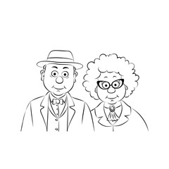 Happy grandparents character design.Fashionably dressed older man and older woman together.linear silhouette on a white background.