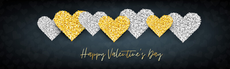 Valentines Day design. Luxury banner background. Love concept with golden and silver glitter hearts. Romantic website header or sale advertisement promo. Vector illustration.