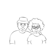 Happy grandparents character design.Linear silhouette on a white background.