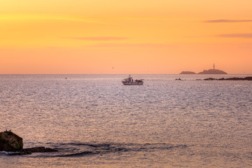 Naklejka na ściany i meble Fishing boat exiting port followed by flying and floating seagulls. Rockabill lighthouse on island in distance, golden hour sunrise, Skerries, Ireland