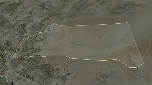 Najran, region with its capital, zoomed and extruded on the satellite map of Saudi Arabia in the conformal Stereographic projection. Animation 3D