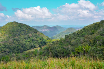 Macal River Valley, Cayo District, Belize. Scene of lush hazy forested limestone hills .