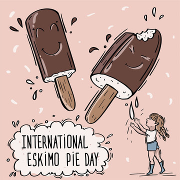 International Eskimo Pie Day, kids card illustration on the theme of popsicle in doodle style. Girl pulls hands to ice cream.