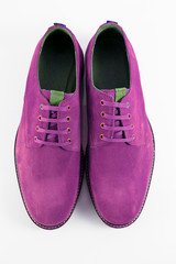 Male purple leather elegant shoes on white background, isolated product.