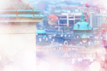pink Prague background and red roofs / background of the blurred landscape of the czech republic, Prague, panoramic view of the red roofs of Prague