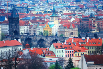 Prague view / panoramic landscape of the czech republic, Prague view with red roofs of houses from above, landscape in the European capital