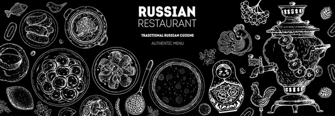Obraz na płótnie Canvas Russian cuisine top view frame. Food menu design elements. Traditional dishes. Russian food. Doodle collection. Vintage hand drawn sketch vector illustration. Menu background. Engraved style.