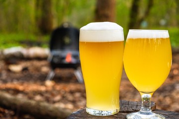 Glass of beer food barbecue and chicken,  plate.