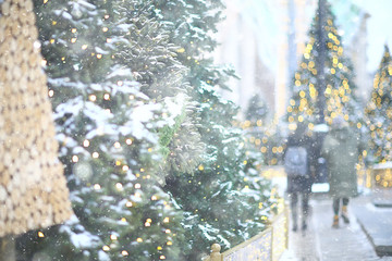 Fototapeta premium Christmas decoration in Moscow, Christmas trees on the street, snowy December, season new year