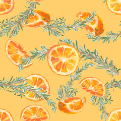 Watercolor pattern - oranges and rosemary branches. Orange fruits, green spice on a yellow background. A delicious drawing for decorating the kitchen - curtains, wallpapers, tablecloths.