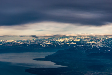Fototapeta na wymiar Aerial view of the Swiss Alps across lake Geneva