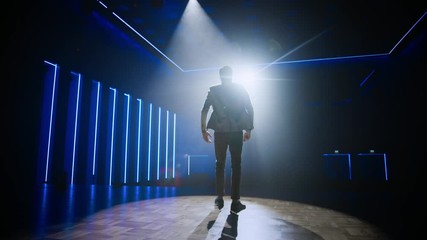 Celebrity Entertainer Gets on Stage, Greets His Audience Starting His Performance. Software Company Founder, Tech Marketing Guru Making Pitch, Presentation Speaker Giving Talk. Slow Motion Camera Shot