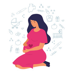 Flat cartoon pregnant woman with heart. Hand drawn doodle pregnancy and baby care objects. Vector illustration.