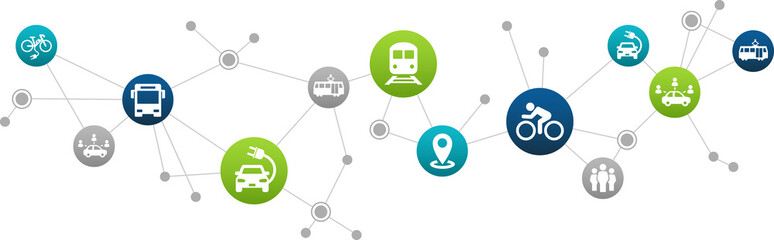 sustainable mobility or transport vector illustration. Abstract concept with connected icons that show aspects of green alternatives like public transport, e-cars or biking. - 316450394