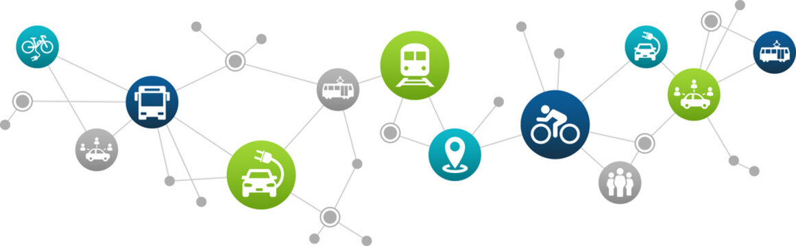 sustainable mobility or transport vector illustration. Abstract concept with connected icons that show aspects of green alternatives like public transport, e-cars or biking.